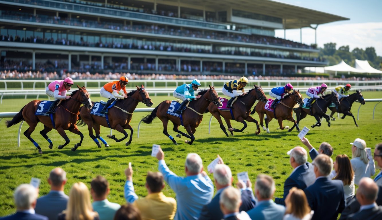 Lomba kuda sedang berlangsung dengan para penonton antusias menyaksikan dan memasang taruhan.