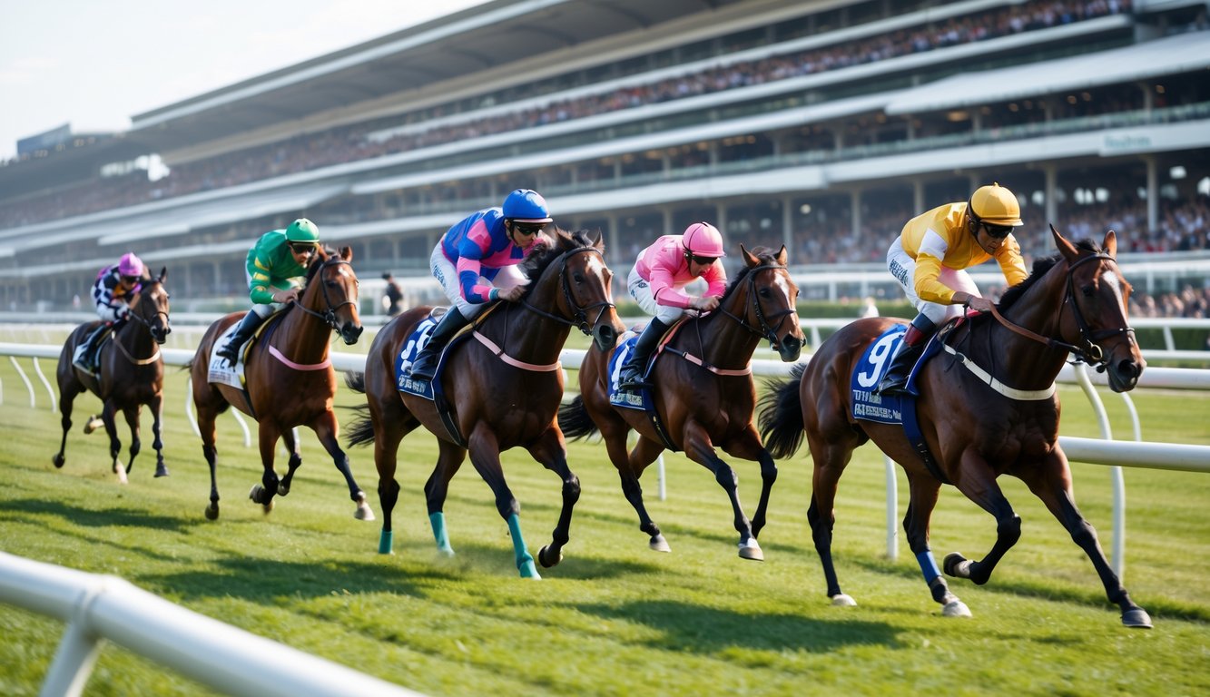 Beberapa kuda pacu sedang berlari cepat di lintasan balap dengan joki mengenakan pakaian berwarna-warni, di depan penonton di tribun stadion.