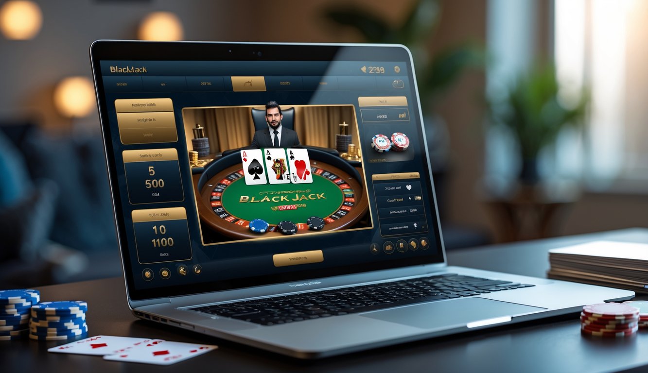 Seorang pria menggunakan laptop dengan permainan blackjack online yang terlihat di layar, di meja terdapat tumpukan chip poker dan kartu remi.
