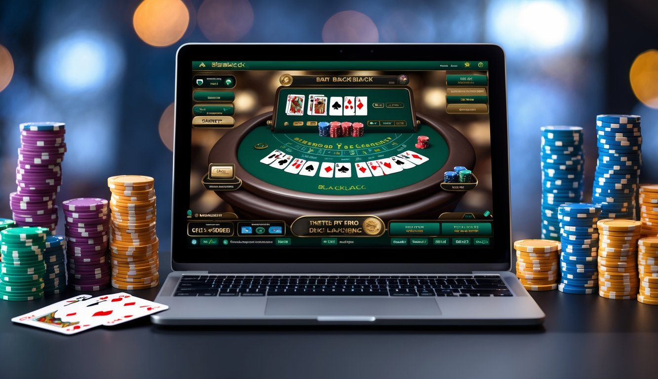 Sebuah meja dengan komputer menampilkan permainan blackjack online dan tumpukan chip poker di sekitarnya.