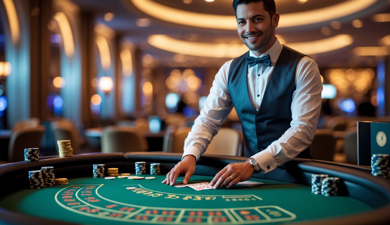 Seorang dealer blackjack langsung sedang membagikan kartu di meja kasino dengan suasana hangat dan dekorasi elegan.