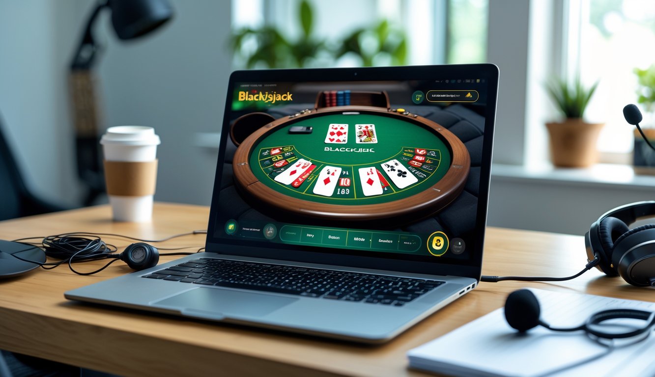Seseorang bermain blackjack online di komputer di ruang kerja dengan suasana nyaman tanpa uang nyata.