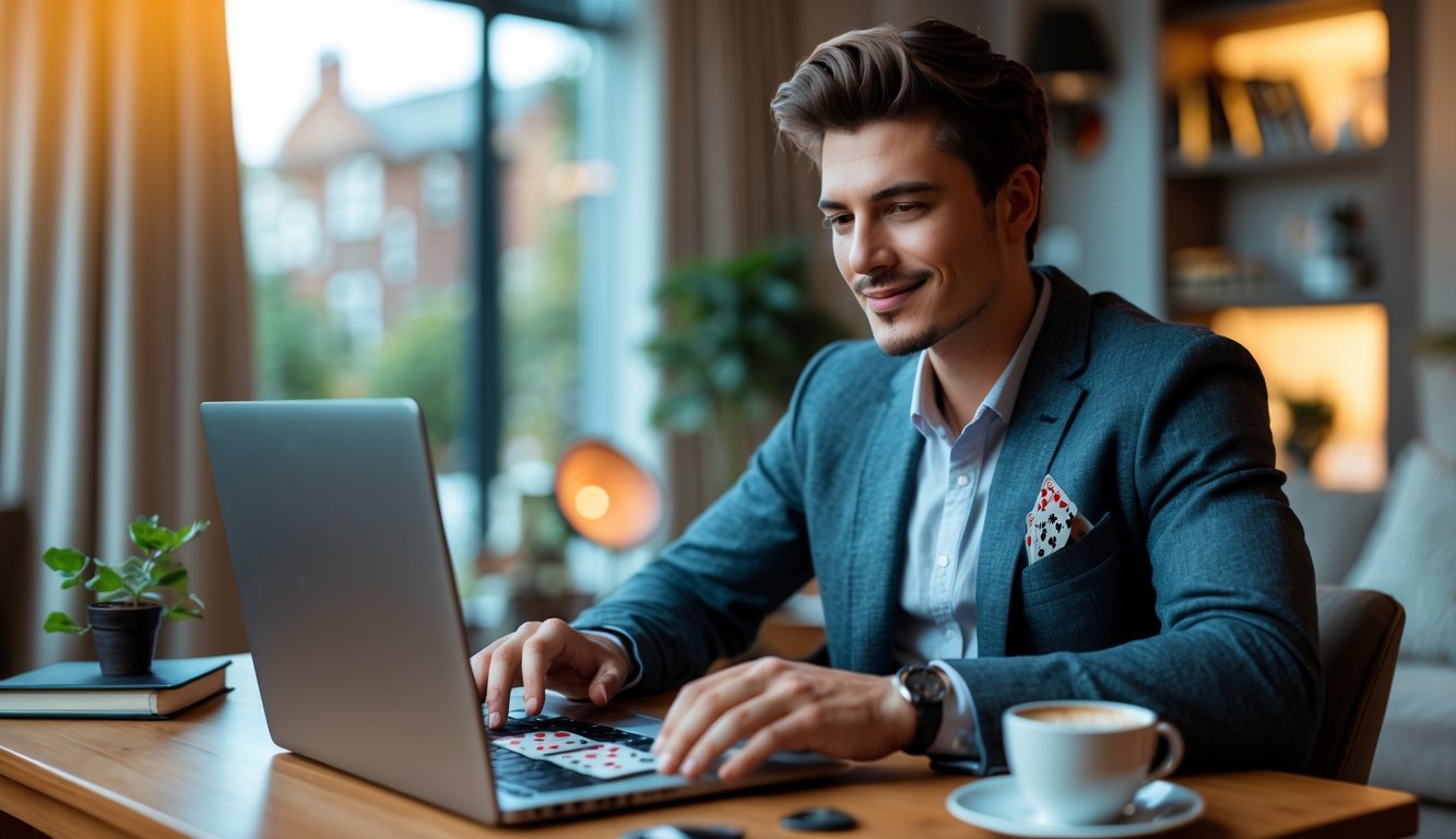 Seorang dewasa muda sedang bermain blackjack online menggunakan laptop di ruang tamu yang nyaman.