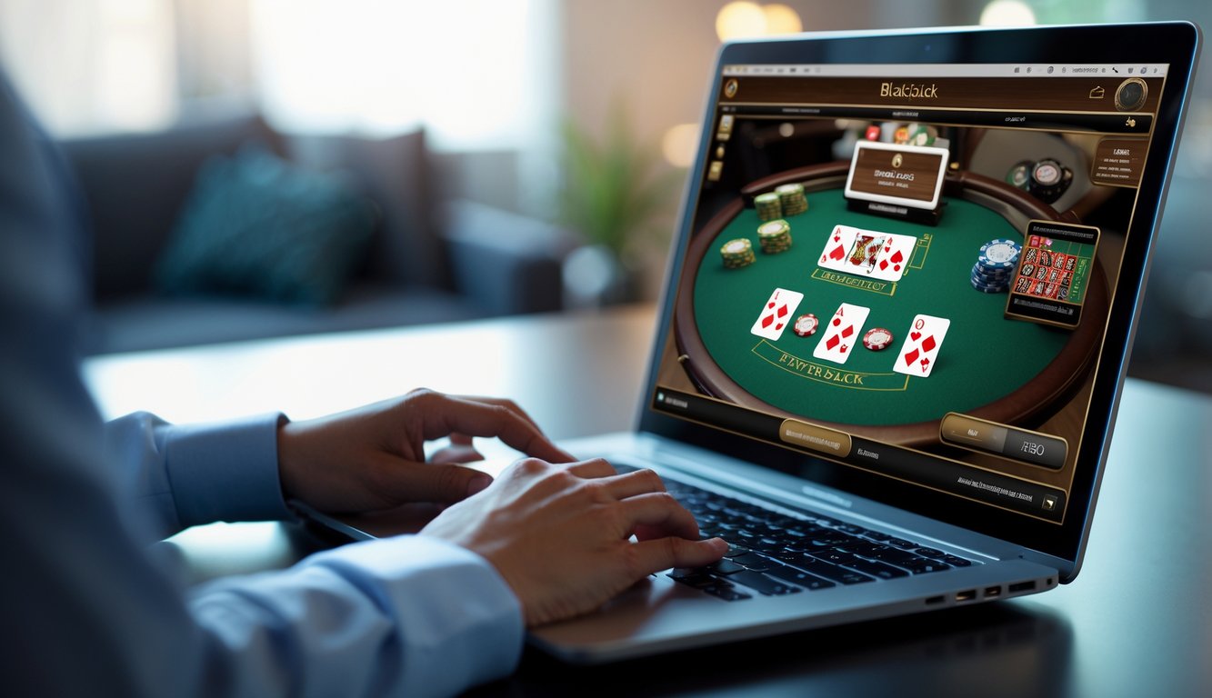 Seseorang bermain blackjack online di komputer dengan meja kartu dan chip di layar.