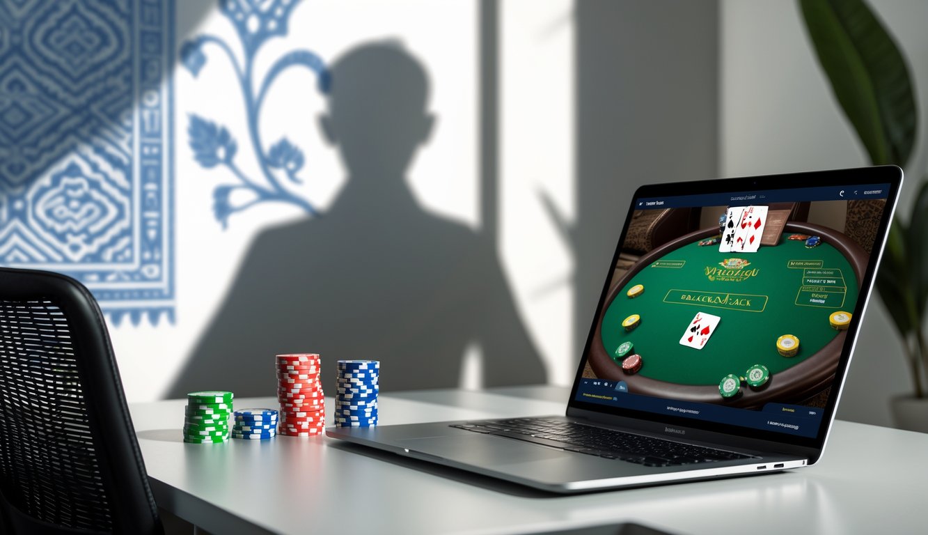 Seorang pemain menggunakan laptop dengan permainan blackjack online, latar belakang menampilkan elemen budaya Indonesia yang samar.