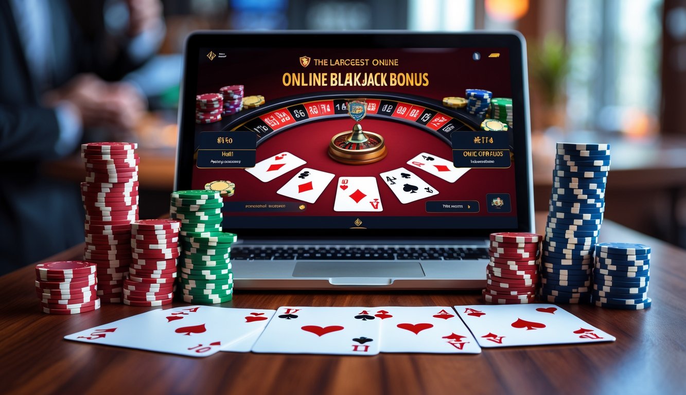Sebuah laptop menampilkan permainan blackjack online dengan tumpukan chip dan kartu di atas meja kayu.