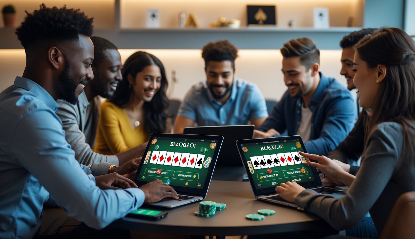 Sekelompok orang bermain blackjack online bersama menggunakan laptop dan ponsel di sebuah ruangan modern.