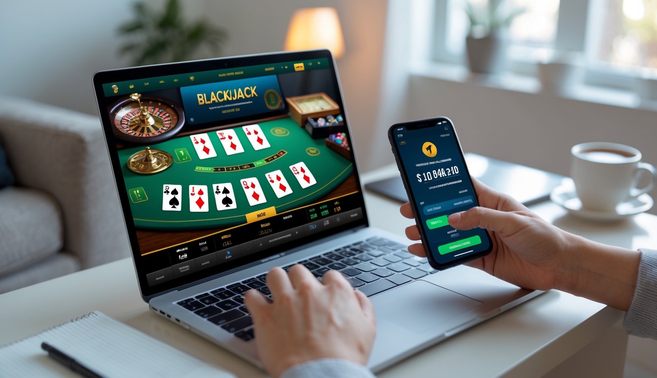Seorang pengguna sedang bermain blackjack online di laptop dengan ponsel yang menunjukkan proses deposit cepat di meja yang rapi.