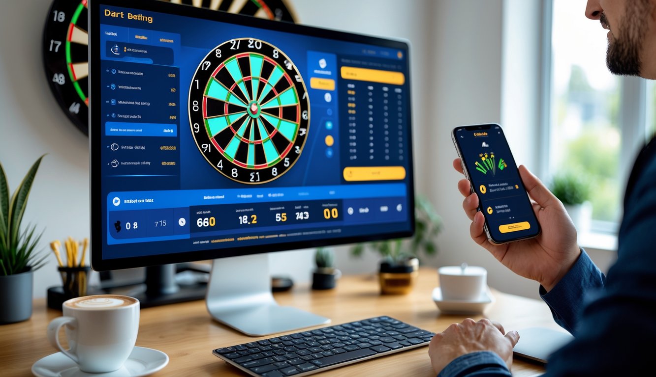Seseorang menggunakan ponsel dan komputer untuk memasang taruhan dart online di ruang kerja modern.