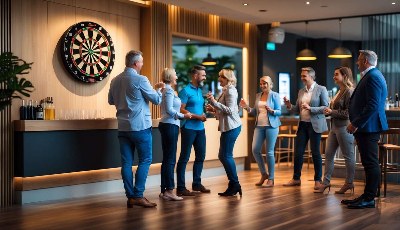 Beberapa orang bermain dart di ruang rekreasi dengan papan dart dan suasana yang nyaman.