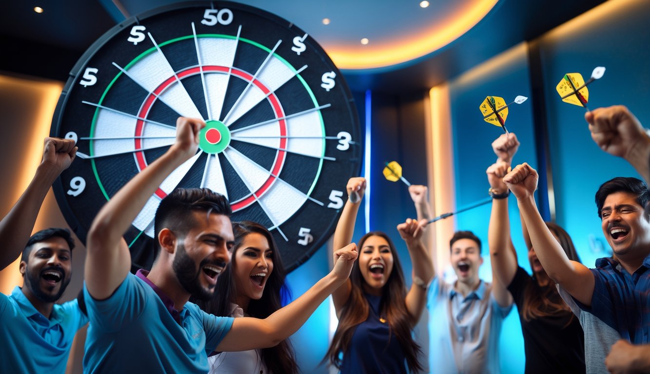 Orang-orang bermain dart dengan papan dart dan beberapa anak panah mengenai pusat target, suasana penuh semangat dan kegembiraan.