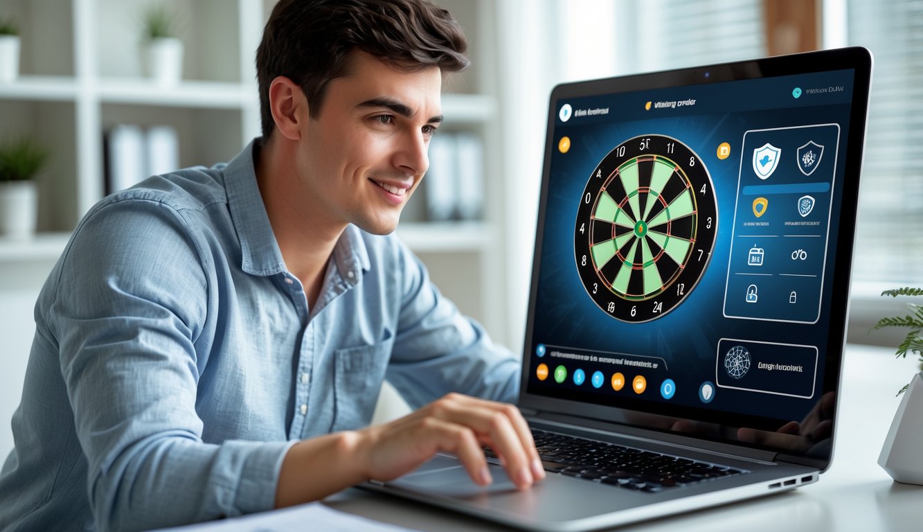 Seseorang sedang menggunakan laptop dengan permainan dart online yang aman di layar, di sebuah ruang kerja rumah yang terang.