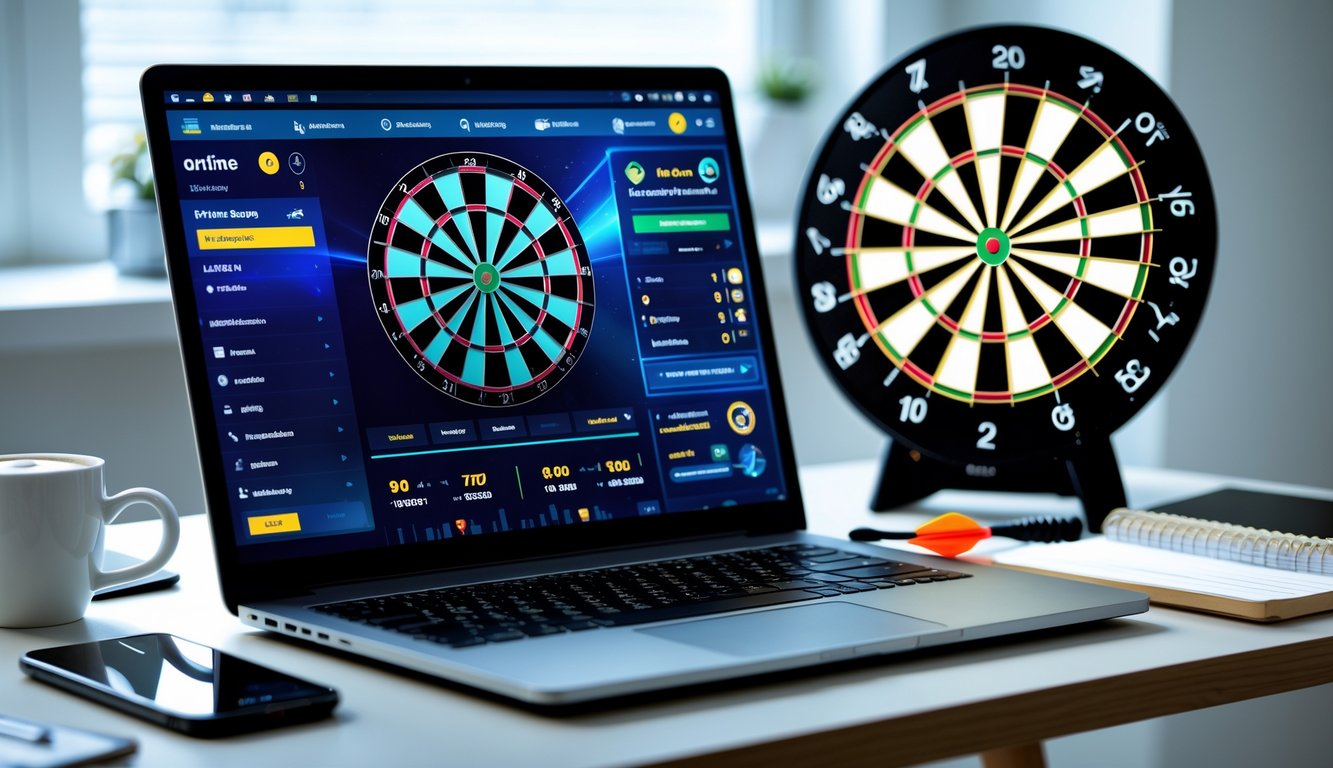Seorang pria menggunakan laptop dengan permainan dart online uang nyata di layar, di meja terdapat dart dan papan dart di latar belakang.