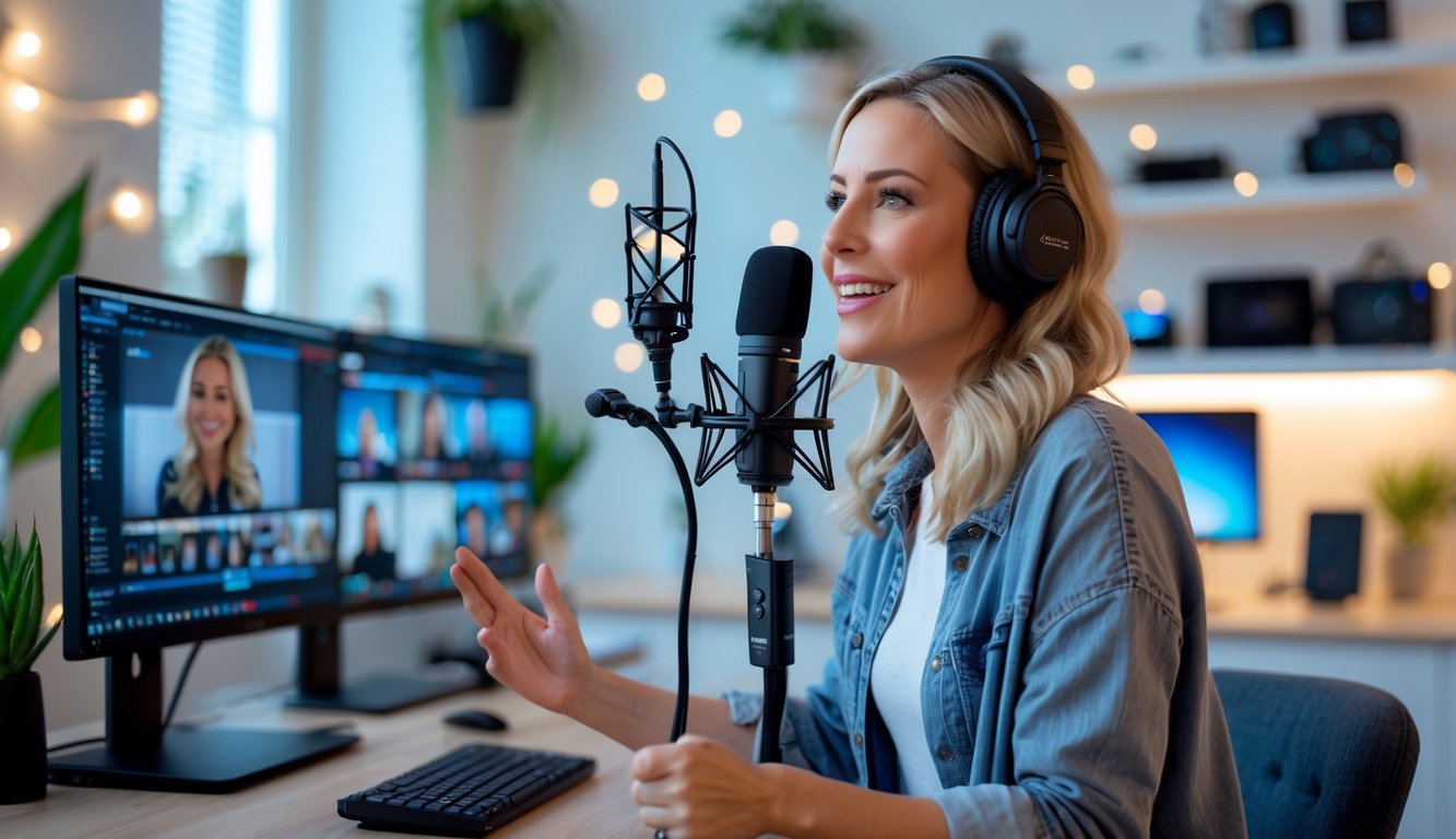 Seorang wanita sedang melakukan siaran langsung di studio rumah dengan mikrofon dan komputer.