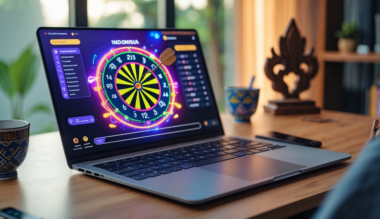 Seorang pria menggunakan laptop dengan permainan dart online di layar, di meja dengan hiasan batik dan ukiran kayu.