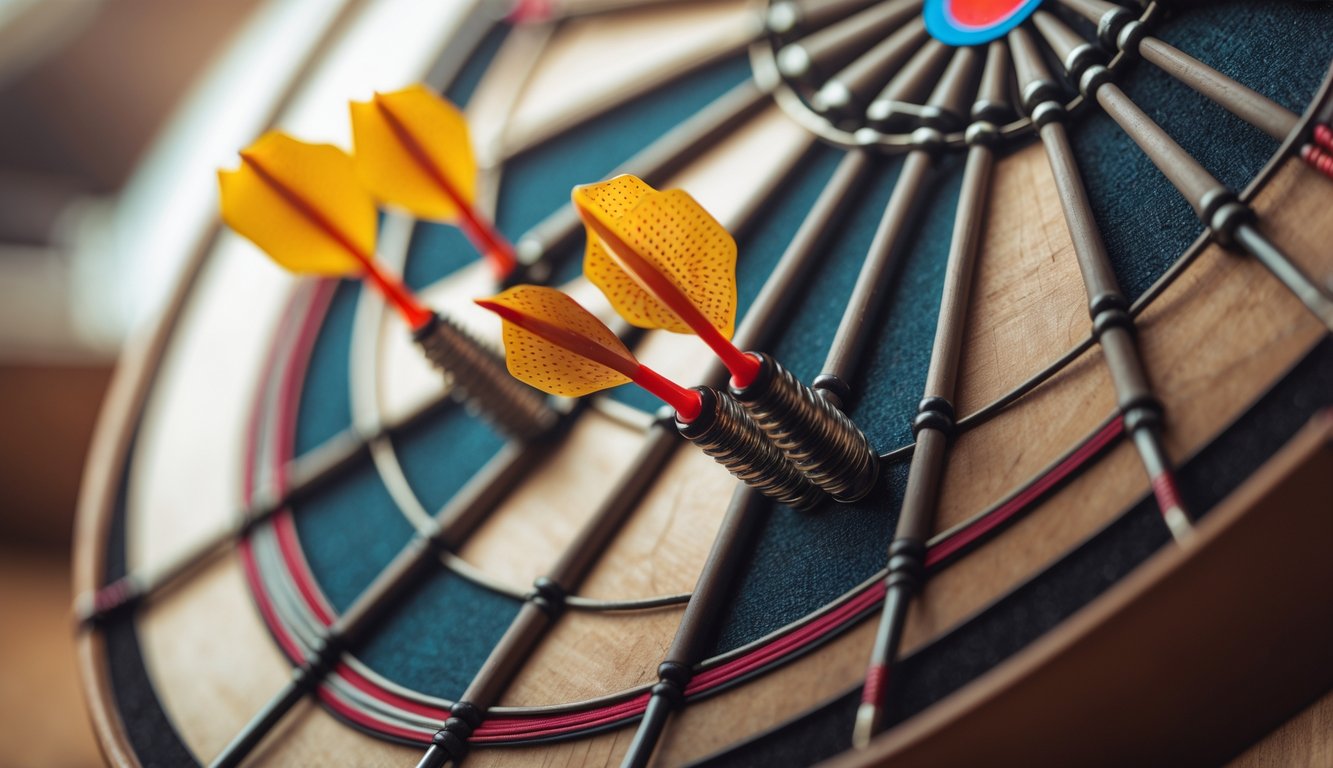 Papan dart dengan beberapa anak panah yang menempel dekat titik tengah, menunjukkan kemenangan mudah dalam permainan dart.