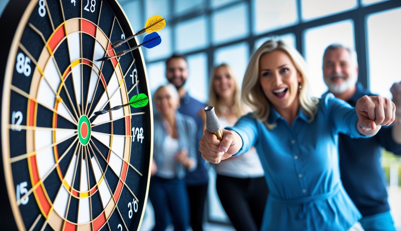 Beberapa orang dewasa sedang bermain dart di dalam ruangan dengan papan dart dan beberapa anak panah mengenai sasaran.