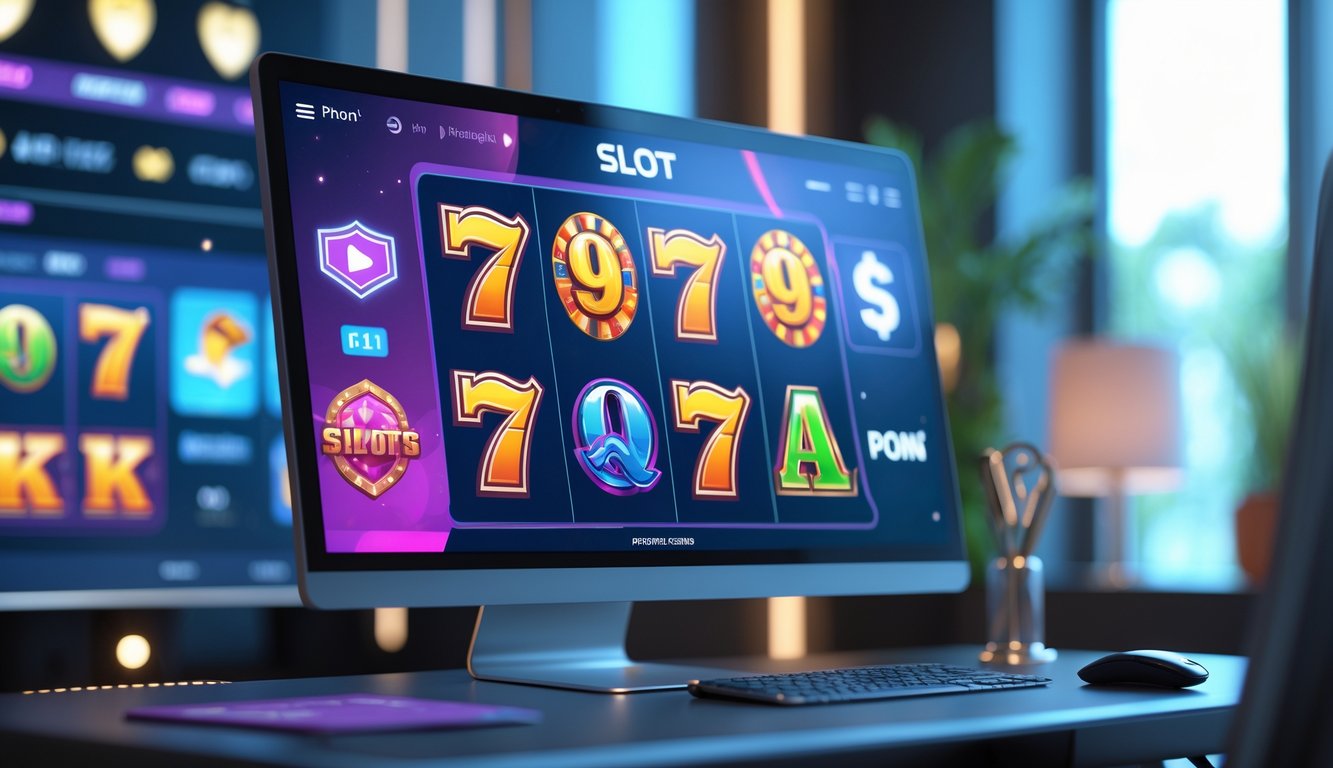 Sebuah meja kerja modern dengan komputer menampilkan permainan slot online yang berwarna-warni dan elemen keamanan digital di latar belakang.