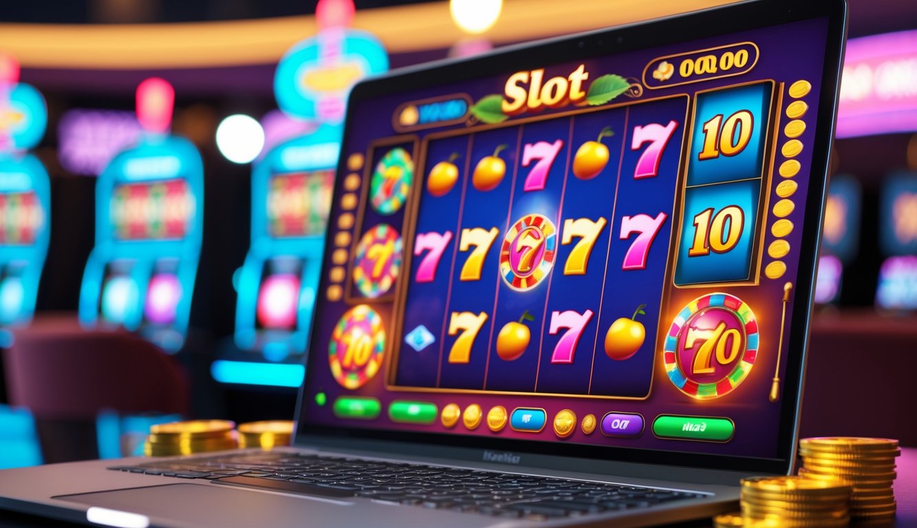 Seorang pria duduk di depan komputer dengan layar yang menampilkan permainan mesin slot berwarna-warni yang sedang berputar.