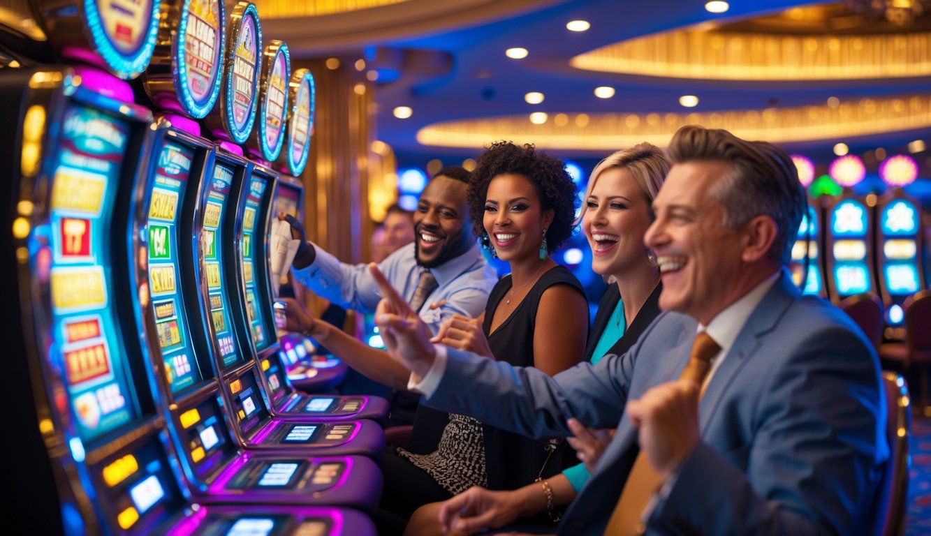 Beberapa orang dewasa bermain mesin slot di kasino dengan lampu warna-warni dan suasana yang meriah