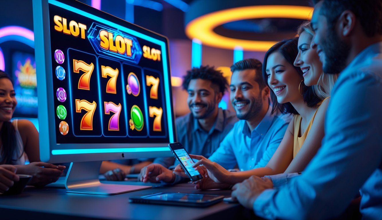 Orang-orang sedang bermain permainan slot online terbaru di perangkat digital dalam ruangan modern yang terang.