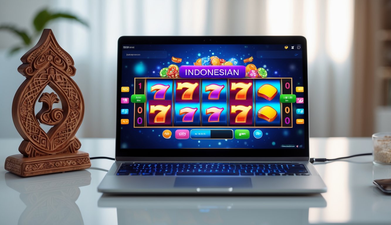 Seorang pria menggunakan laptop dengan permainan slot online di layar, di meja dengan dekorasi batik kecil di latar belakang.