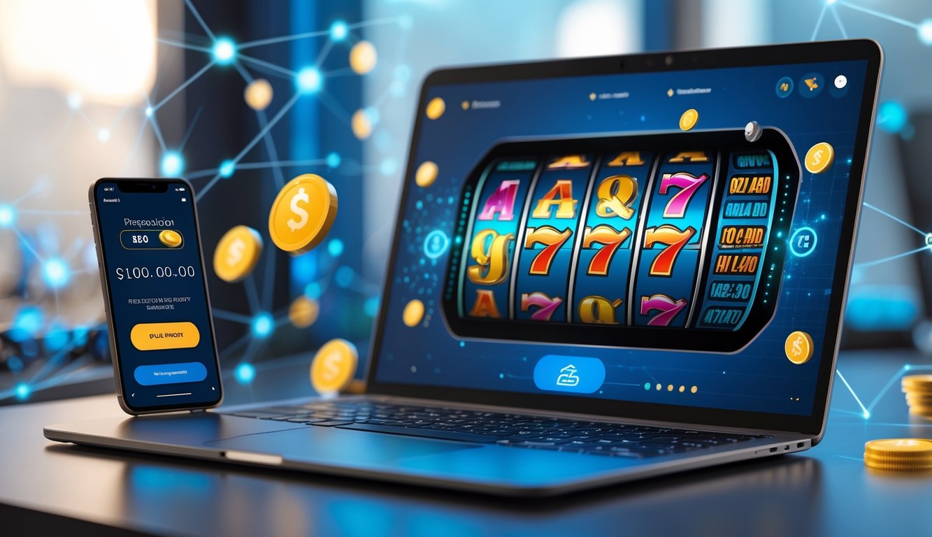 Seorang pengguna menggunakan laptop dan ponsel untuk bermain slot online dengan pembayaran pulsa di meja kerja modern.