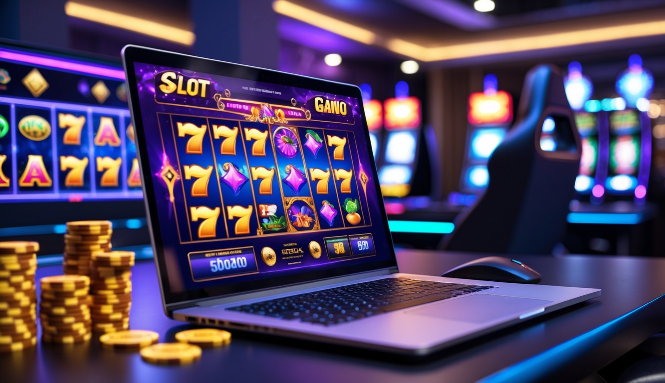 Suasana ruang kerja modern dengan komputer yang menampilkan permainan slot berwarna-warni di layar.