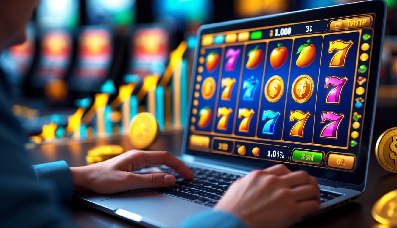 Orang menggunakan laptop dengan tampilan mesin slot berwarna-warni di layar, menunjukkan suasana bermain slot online.