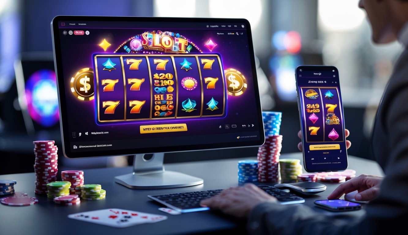 Sebuah meja kerja modern dengan komputer menampilkan permainan slot online dan beberapa aksesori permainan seperti chip dan kartu.