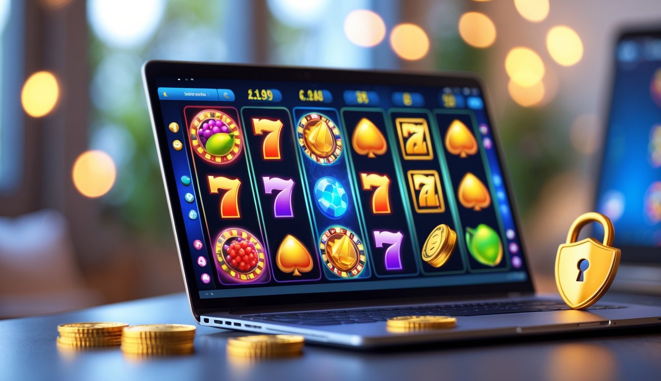 Seorang pengguna sedang bermain permainan slot online di komputer dengan latar belakang ruangan yang nyaman dan pencahayaan hangat.