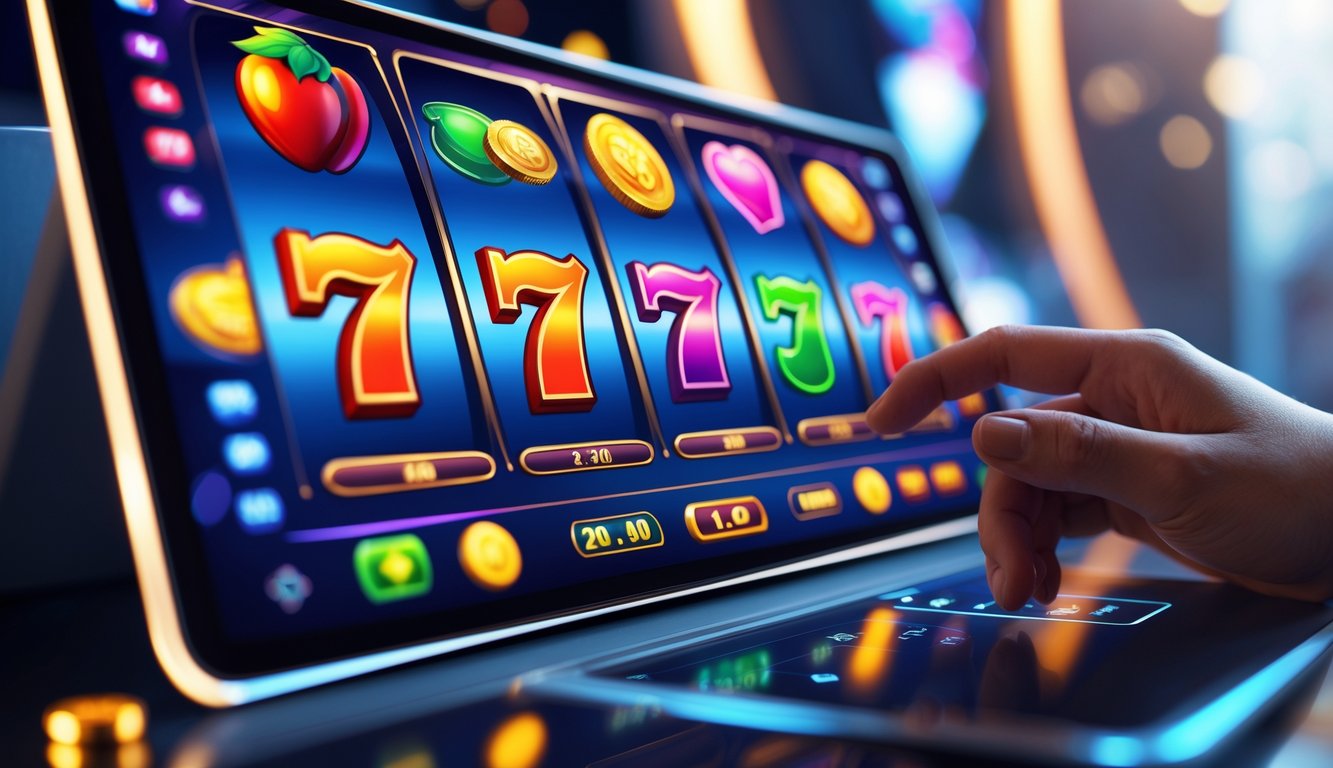 Tangan seseorang sedang menggunakan perangkat layar sentuh dengan tampilan permainan slot digital yang berwarna-warni.