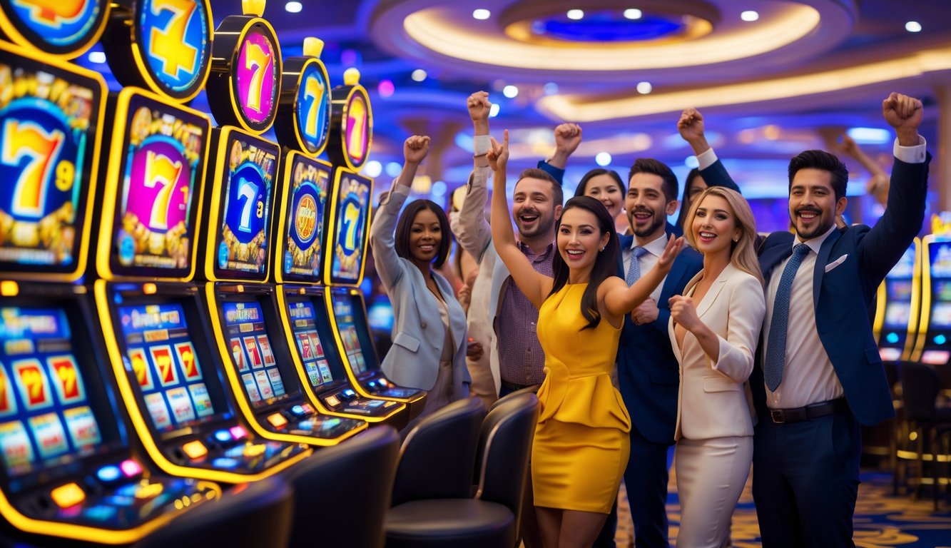 Orang-orang bahagia merayakan kemenangan besar di mesin slot di dalam kasino yang mewah dan terang.