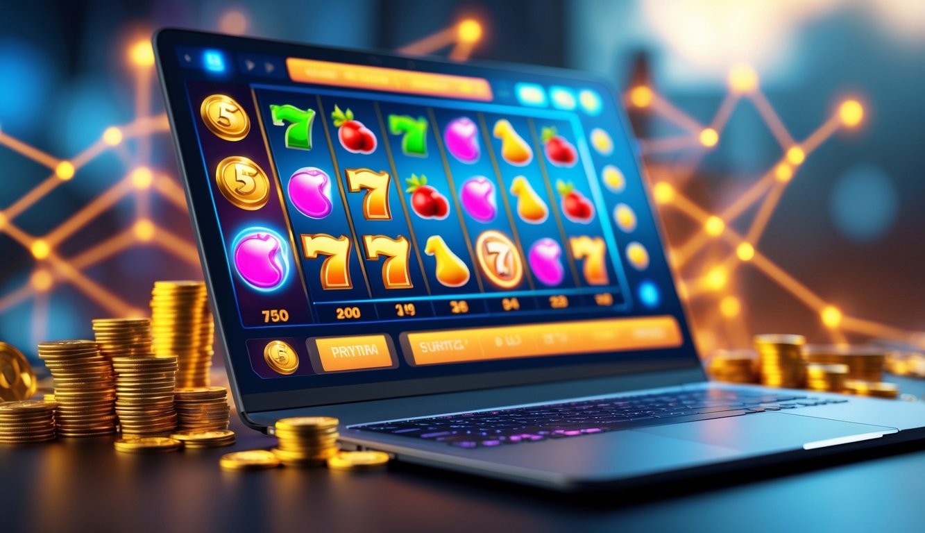 Layar komputer menampilkan permainan slot online dengan gulungan berwarna-warni dan simbol buah serta koin emas.