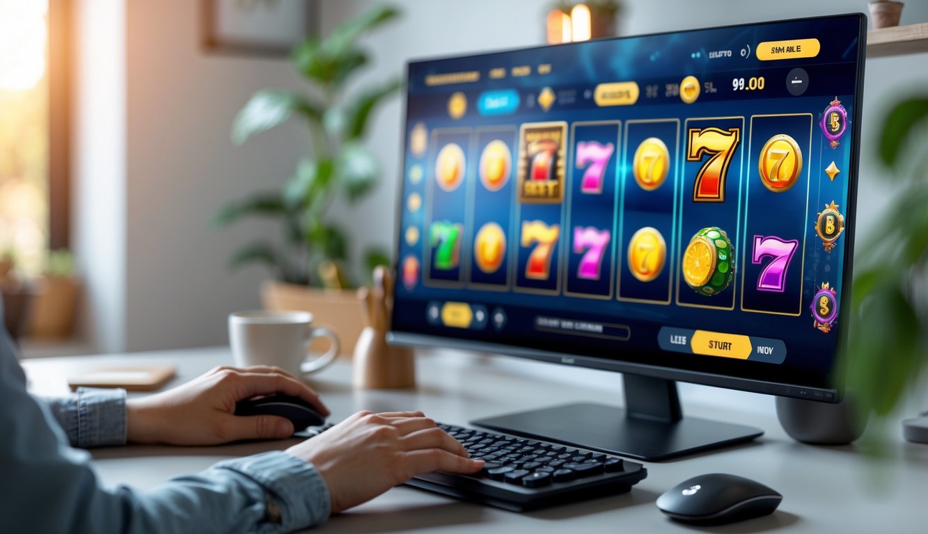 Seseorang sedang bermain permainan slot online di komputer di ruang kerja yang nyaman dan terang.