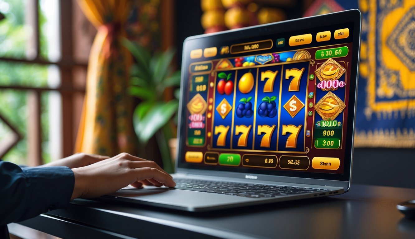 Seorang pengguna bermain permainan slot online di komputer dengan latar belakang dekorasi tradisional Indonesia.
