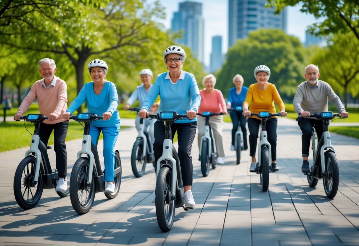 A group of seniors riding electric bikes together in a sunny park with trees and city buildings in the background.