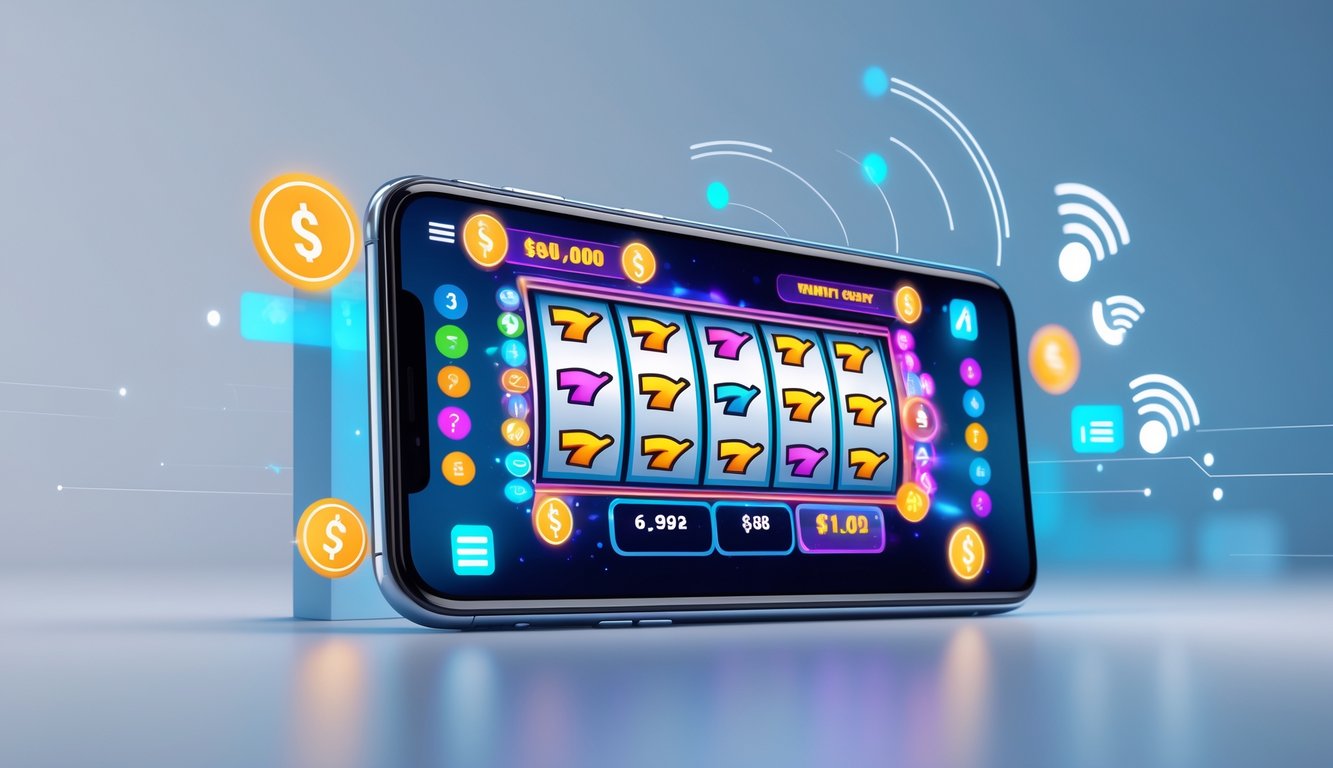 Sebuah ponsel menampilkan permainan slot dengan elemen digital pulsa di sekitarnya.