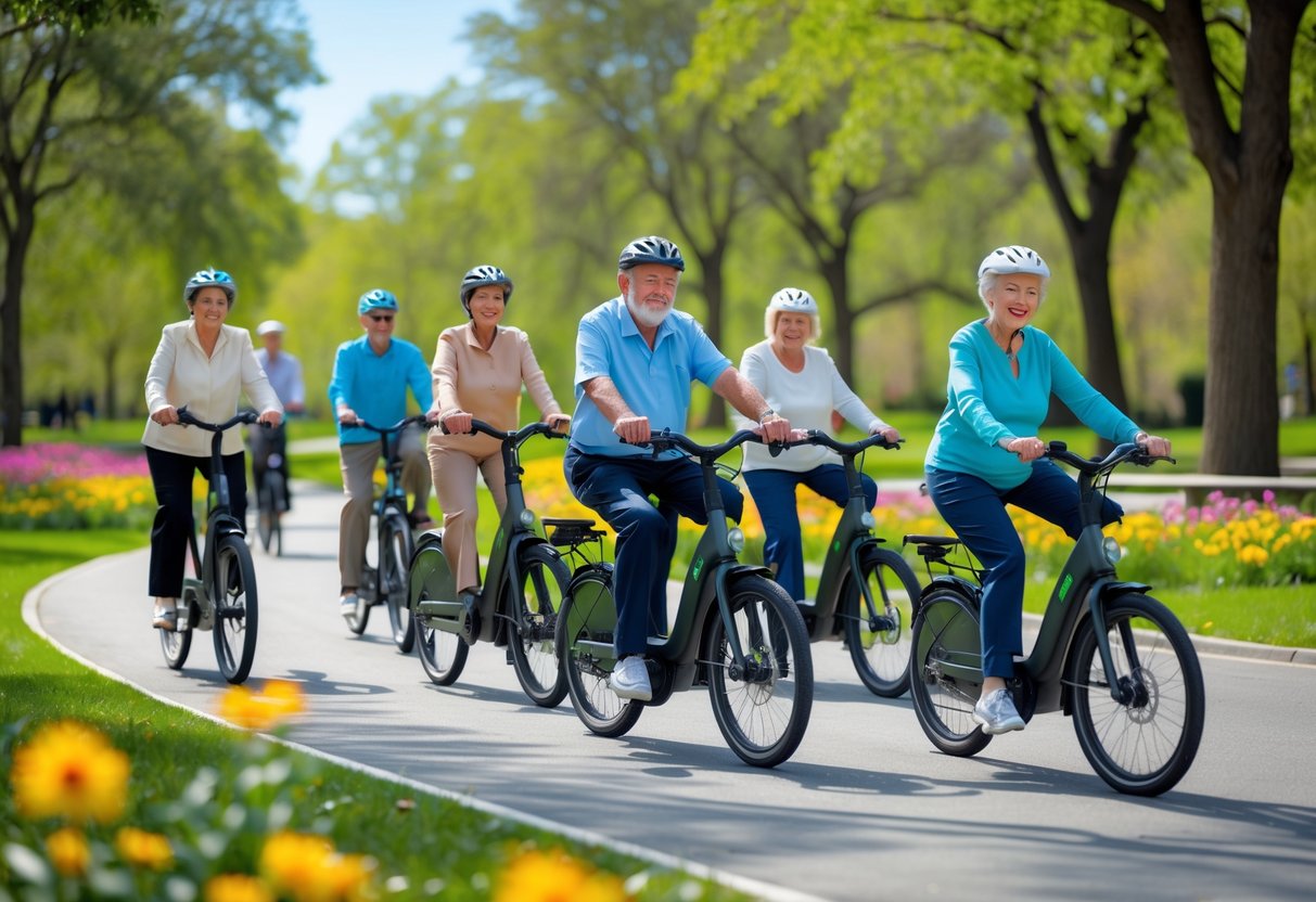A group of senior adults riding modern electric bikes on a sunny park path surrounded by trees and flowers.