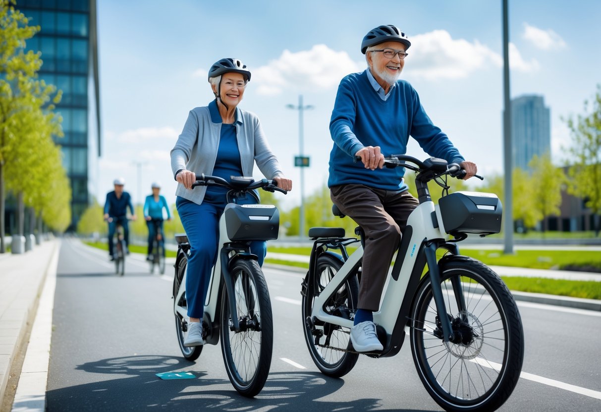 An elderly couple riding modern electric bikes on a city path surrounded by trees and buildings.