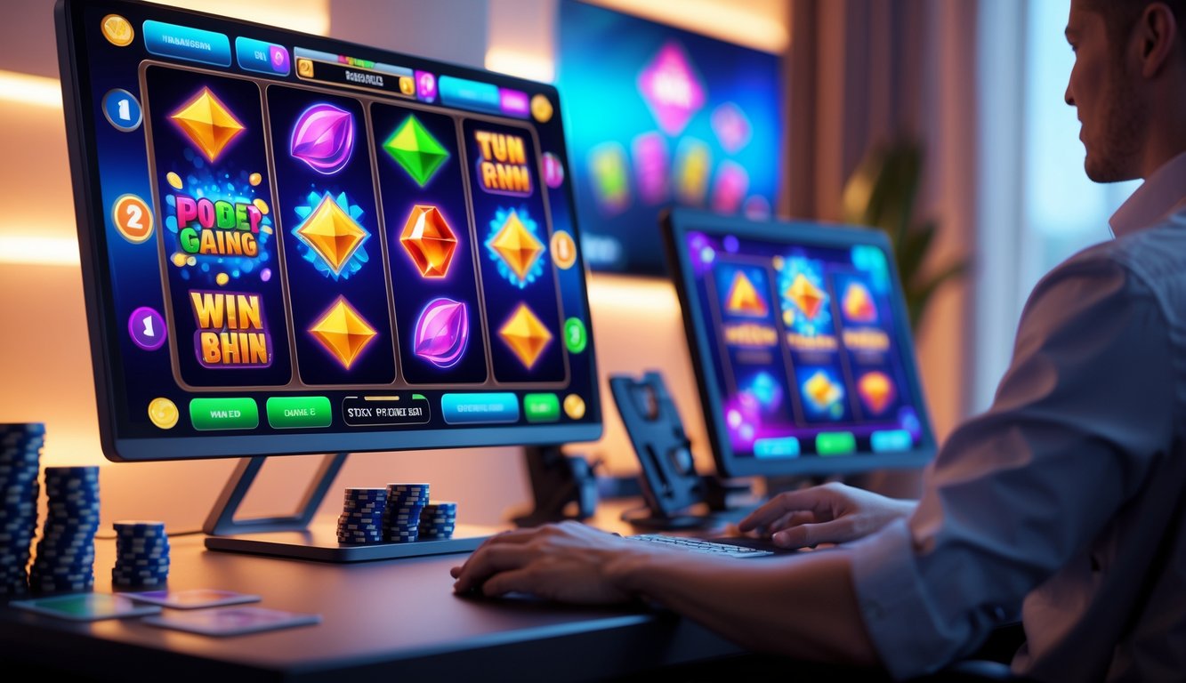 Sebuah ruang kerja modern dengan komputer yang menampilkan permainan slot warna-warni dan aksesori permainan di sekitarnya.