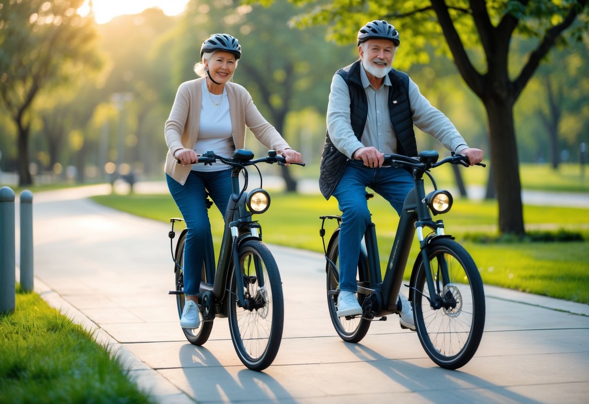 A senior couple outdoors with electric bikes on a bike path, one pressing the brake lever, both wearing helmets.