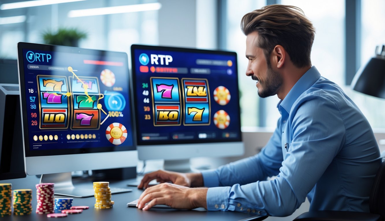 Seorang profesional di kantor modern menggunakan komputer dengan tampilan permainan slot online dan grafik RTP tinggi.