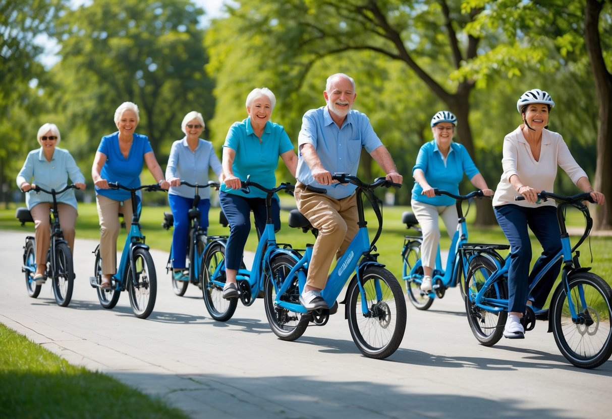Seniors riding different types of electric bikes on a sunny day in a park.
