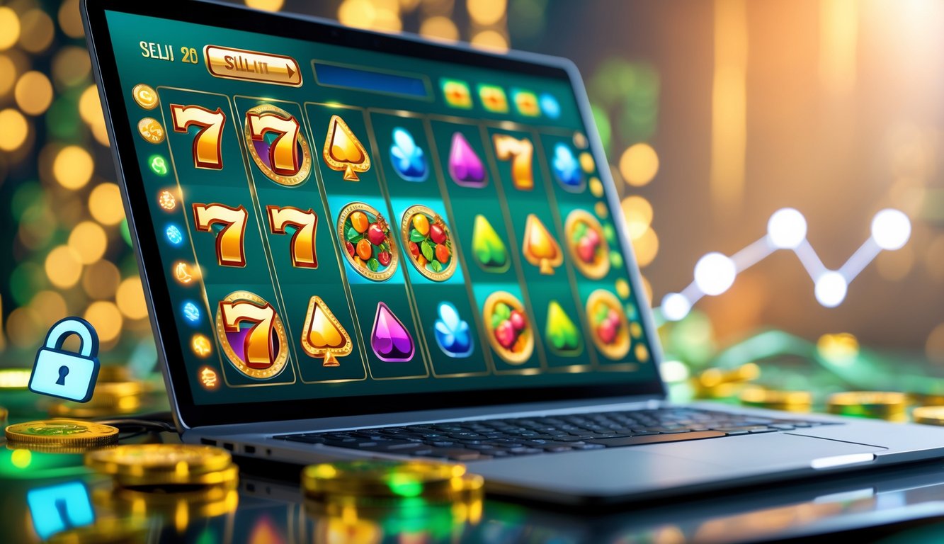 Layar komputer menampilkan permainan slot online dengan simbol berwarna-warni dan latar belakang yang hangat dan menarik.