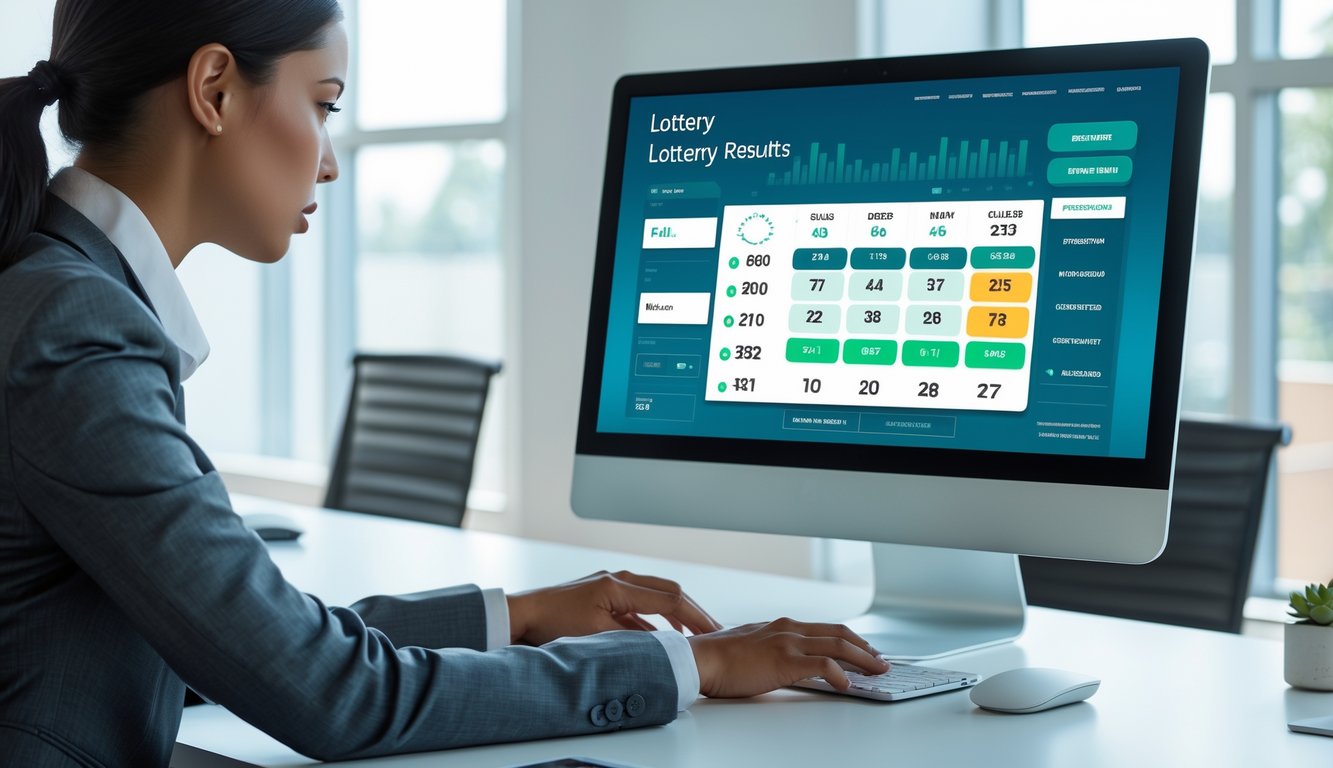 Seseorang menggunakan komputer di kantor modern dengan layar menampilkan antarmuka lotere digital.