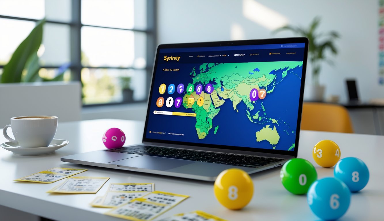 Seorang pria menggunakan laptop di meja kerja dengan layar menampilkan situs lotere online dan peta Sydney, di sekitar meja terdapat bola bernomor dan tiket lotere.
