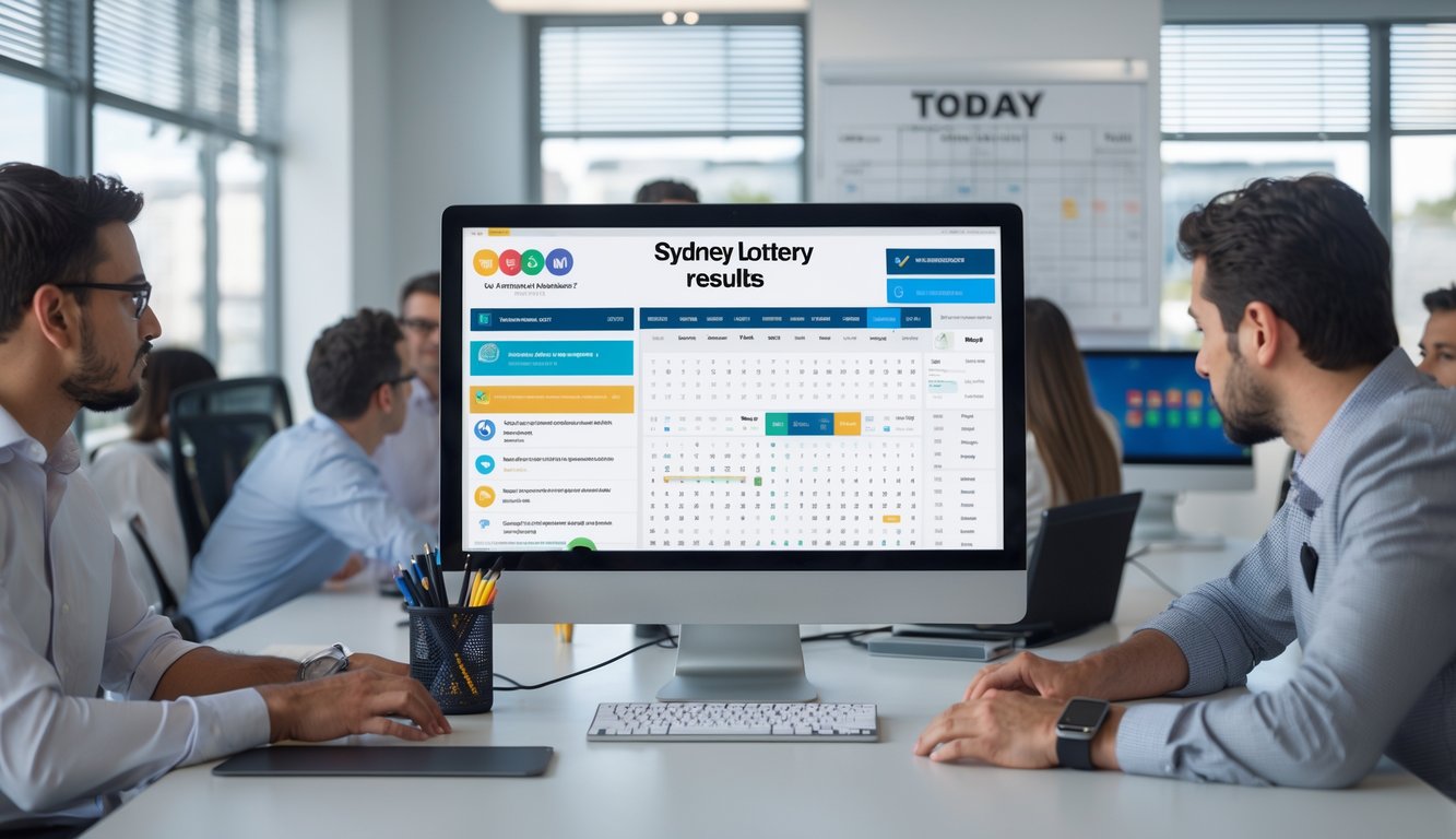 Orang-orang sedang menganalisis data lotere Sydney hari ini di kantor modern dengan layar komputer dan grafik.