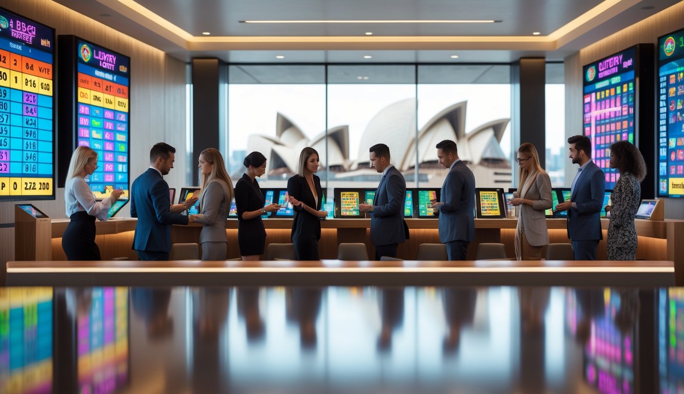 Orang-orang yang sedang memeriksa hasil undian lotere di dalam ruangan modern dengan pemandangan kota Sydney di latar belakang.