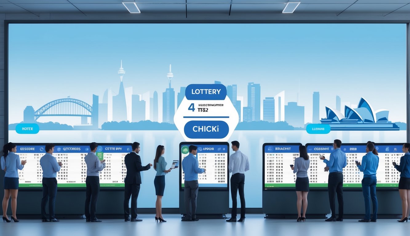 Orang-orang sedang memeriksa hasil togel di ruang kantor modern dengan latar belakang siluet kota Sydney.